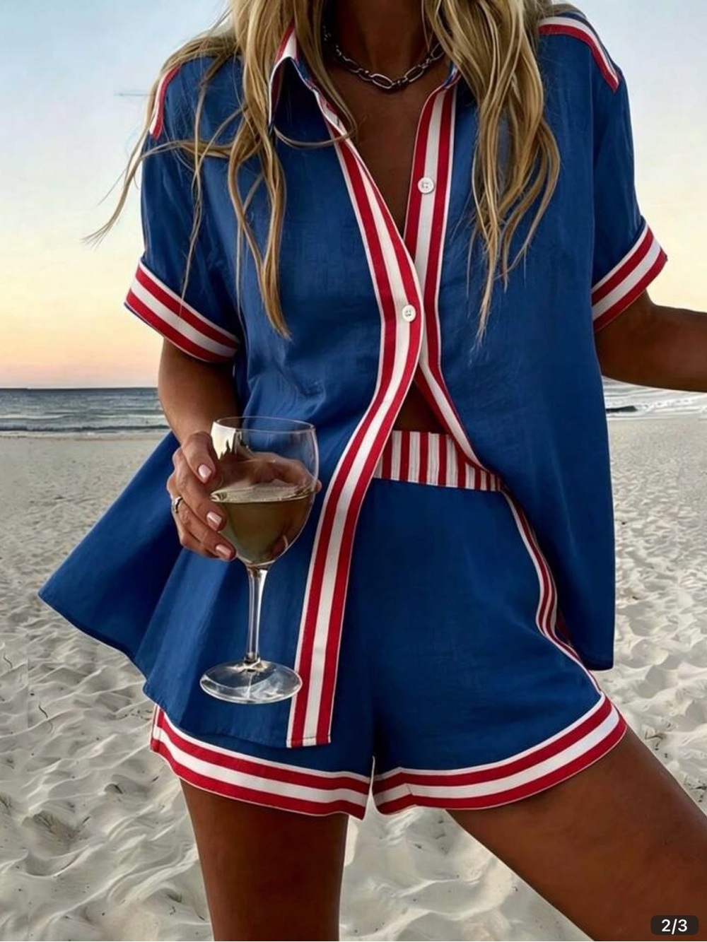 SHEIN Navy Blue Two-Piece Short Set with Red & White Stripe Trim